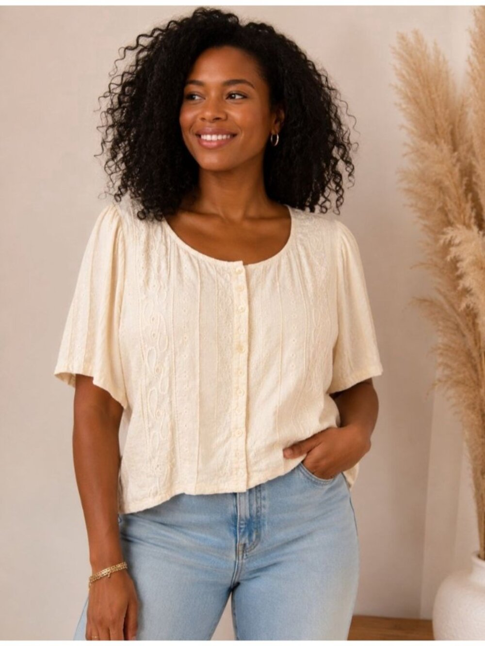 Womens Boho Blouse Embroidered Cottagecore Prairie Romantic Sz XL  Antique White
